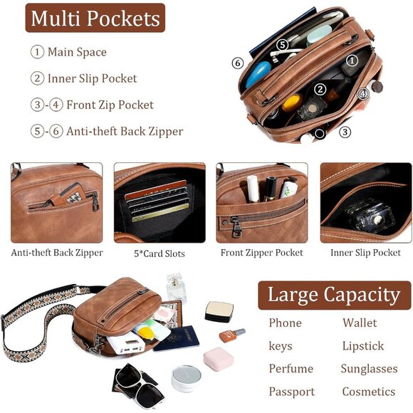 Women Vegan Leather Crossbody Bag Small Shoulder Purse with Wide Strap Two-tone - Picture 3 of 7